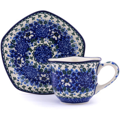 Polish Pottery Cup with Saucer 8 oz Hummingbird Blue UNIKAT