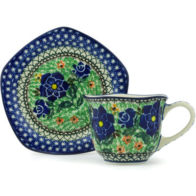 Polish Pottery Cup with Saucer 8 oz Midnight Blooms UNIKAT