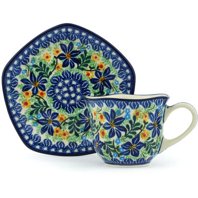 Polish Pottery Cup with Saucer 8 oz Midnight Lilies UNIKAT