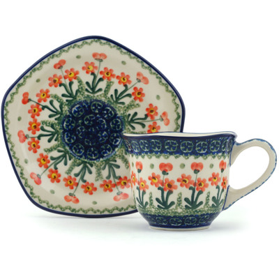 Polish Pottery Cup with Saucer 8 oz Peach Spring Daisy