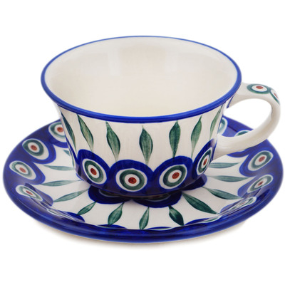Polish Pottery Cup with Saucer 8 oz Peacock Leaves
