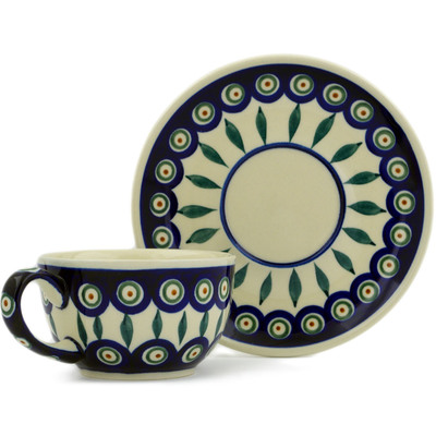 Polish Pottery Cup with Saucer 8 oz Peacock Leaves