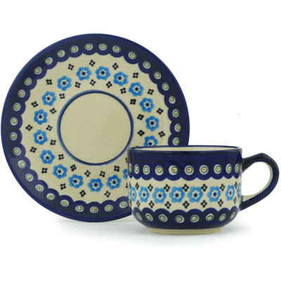 Polish Pottery Cup with Saucer 8 oz Peacock Poppy Chain