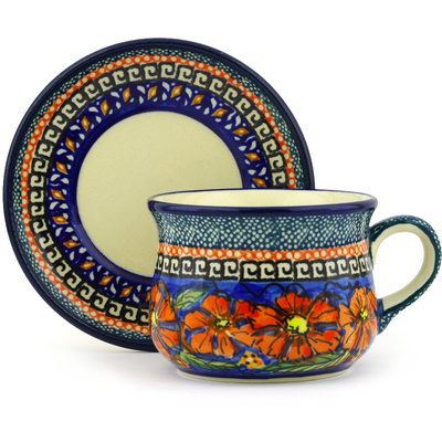 Polish Pottery Cup with Saucer 8 oz Poppies UNIKAT