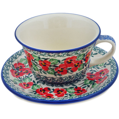 Polish Pottery Cup with Saucer 8 oz Red Pansy
