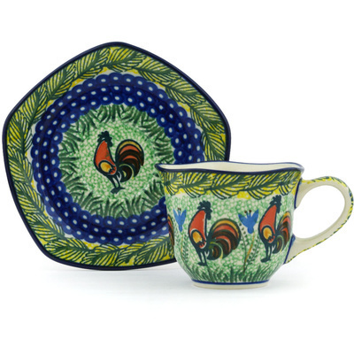 Polish Pottery Cup with Saucer 8 oz Rooster Parade UNIKAT
