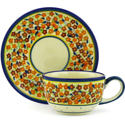 Polish Pottery Cup with Saucer 8 oz Russett Floral
