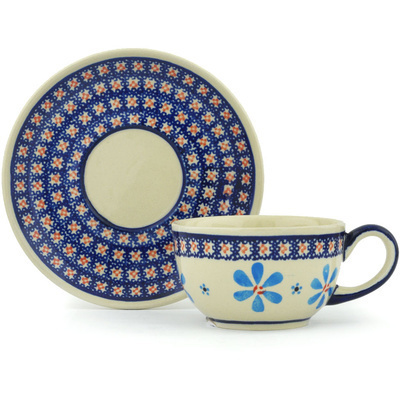 Polish Pottery Cup with Saucer 8 oz Spinning Daisies