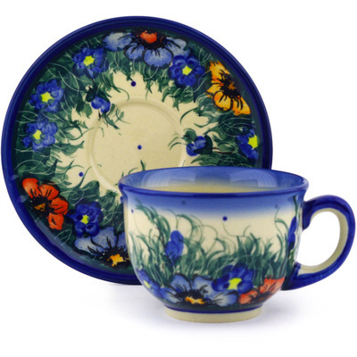 Polish Pottery Cup with Saucer 8 oz Spring Bouquet UNIKAT