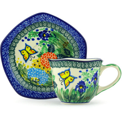Polish Pottery Cup with Saucer 8 oz Spring Garden UNIKAT