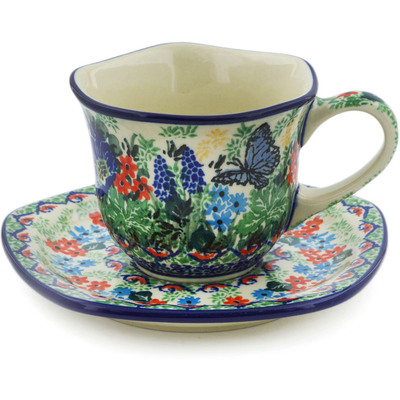 Polish Pottery Cup with Saucer 8 oz Summer Landscape UNIKAT