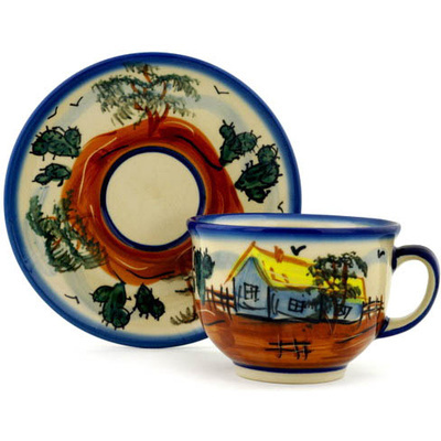 Polish Pottery Cup with Saucer 8 oz UNIKAT