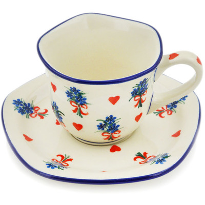Polish Pottery Cup with Saucer 8 oz Valentine&#039;s Bouquet