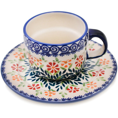 Polish Pottery Cup with Saucer 8 oz Wave Of Flowers