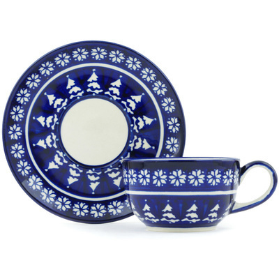 Polish Pottery Cup with Saucer 8 oz Winter Night