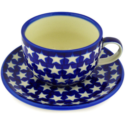 Polish Pottery Cup with Saucer 9 oz America The Beautiful