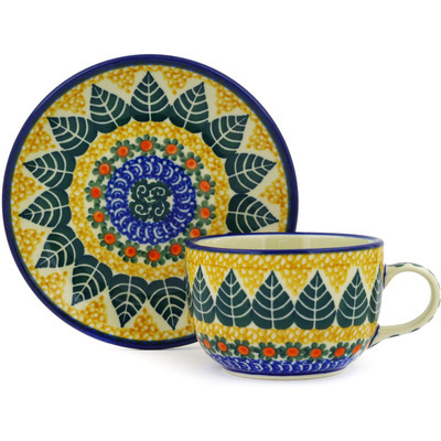 Polish Pottery Cup with Saucer 9 oz Aspen Leaves