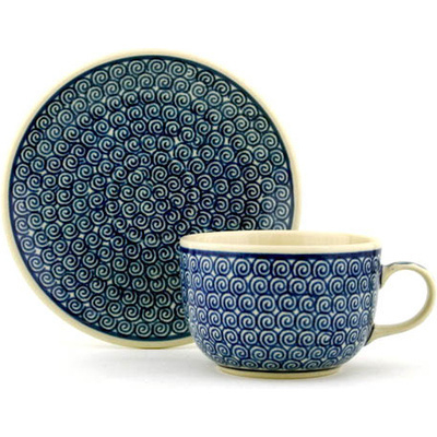 Polish Pottery Cup with Saucer 9 oz Baltic Blue