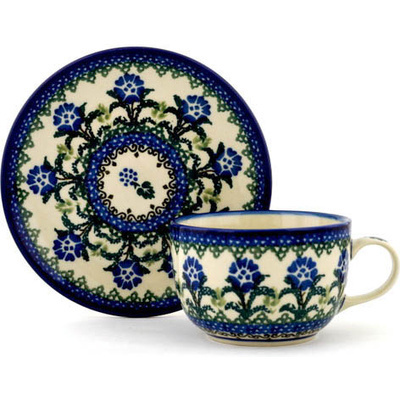 Polish Pottery Cup with Saucer 9 oz Blackberry Blooms