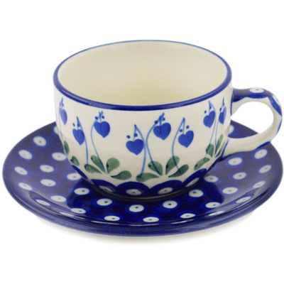 Polish Pottery Cup with Saucer 9 oz Bleeding Heart Peacock