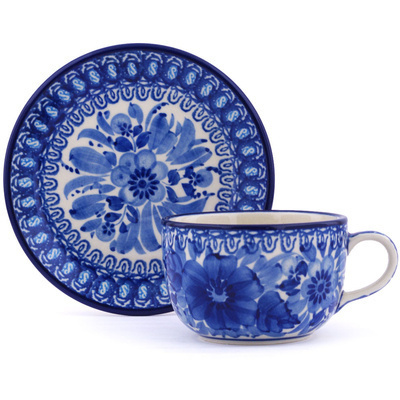Polish Pottery Cup with Saucer 9 oz Bleu Boquet UNIKAT