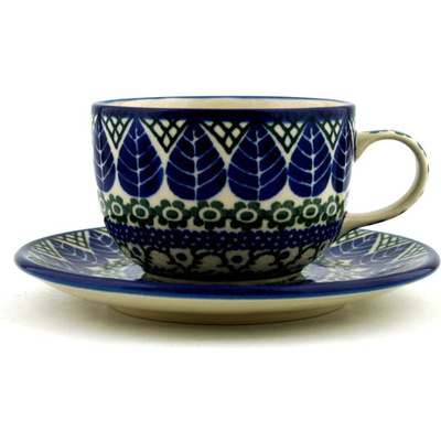 Polish Pottery Cup with Saucer 9 oz Blue Alpine