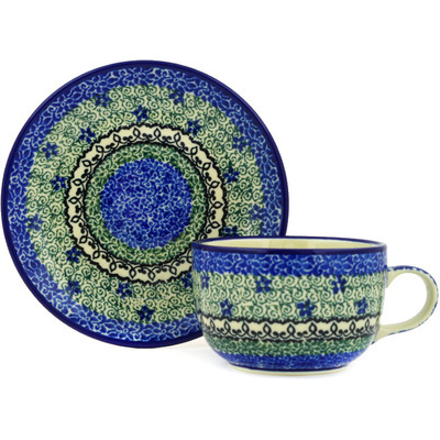Polish Pottery Cup with Saucer 9 oz Blue Ambrosia