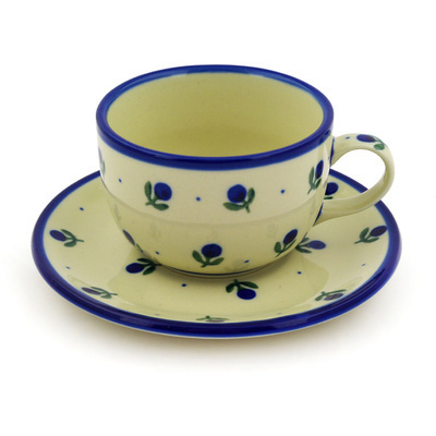 Polish Pottery Cup with Saucer 9 oz Blue Buds