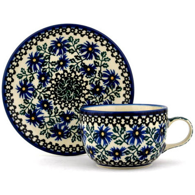 Polish Pottery Cup with Saucer 9 oz Blue Chicory
