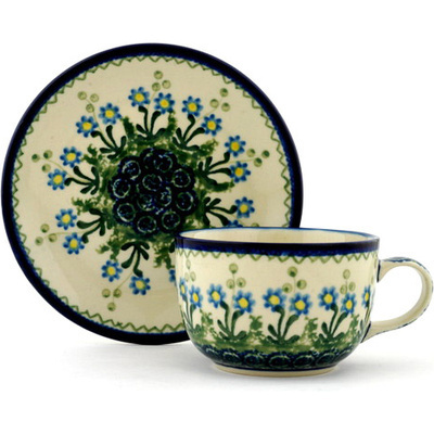 Polish Pottery Cup with Saucer 9 oz Blue Daisy Circle