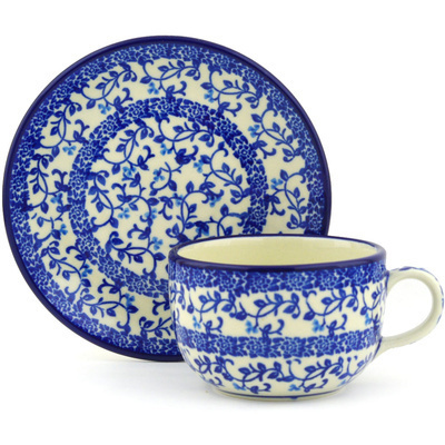 Polish Pottery Cup with Saucer 9 oz Blue Floral Lace