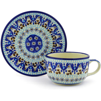 Polish Pottery Cup with Saucer 9 oz Blue Ice