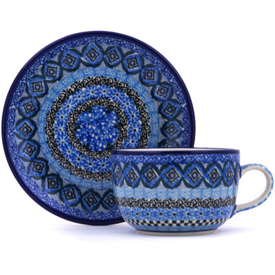 Polish Pottery Cup with Saucer 9 oz Blue Kaleidoscope UNIKAT