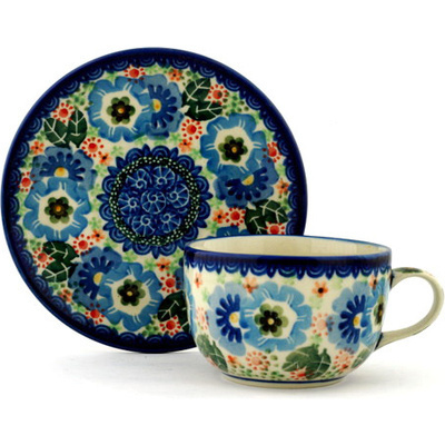 Polish Pottery Cup with Saucer 9 oz Blue Morning Glory UNIKAT