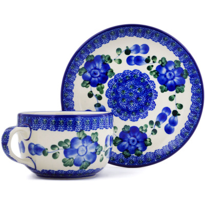 Polish Pottery Cup with Saucer 9 oz Blue Poppies