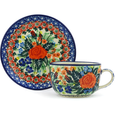 Polish Pottery Cup with Saucer 9 oz Blue Ribbon Roses UNIKAT