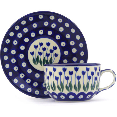 Polish Pottery Cup with Saucer 9 oz Blue Tulip Peacock