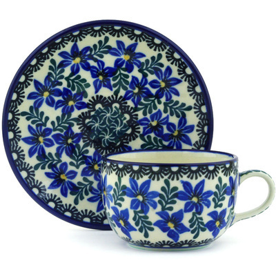 Polish Pottery Cup with Saucer 9 oz Blue Violets