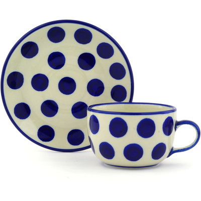 Polish Pottery Cup with Saucer 9 oz Bold Blue Dots