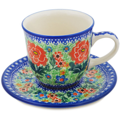 Polish Pottery Cup with Saucer 9 oz Bold Carnation UNIKAT