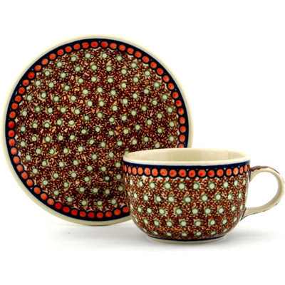 Polish Pottery Cup with Saucer 9 oz Brown Polka Dot