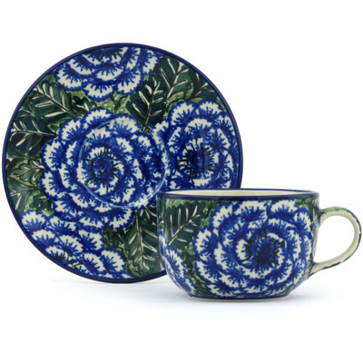 Polish Pottery Cup with Saucer 9 oz Butterblue UNIKAT