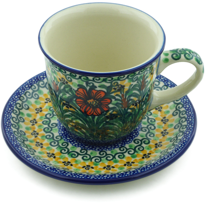 Polish Pottery Cup with Saucer 9 oz Butterfly Holly UNIKAT