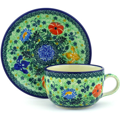 Polish Pottery Cup with Saucer 9 oz Butterfly Iris UNIKAT
