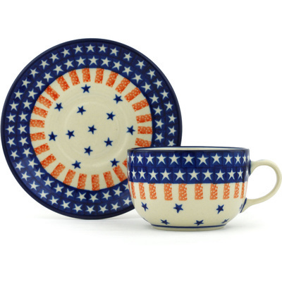 Polish Pottery Cup with Saucer 9 oz Classic Americana