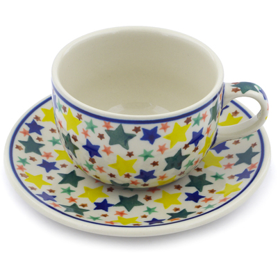 Polish Pottery Cup with Saucer 9 oz Confetti Stars