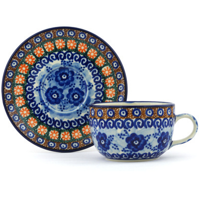 Polish Pottery Cup with Saucer 9 oz Dancing Blue Poppies UNIKAT