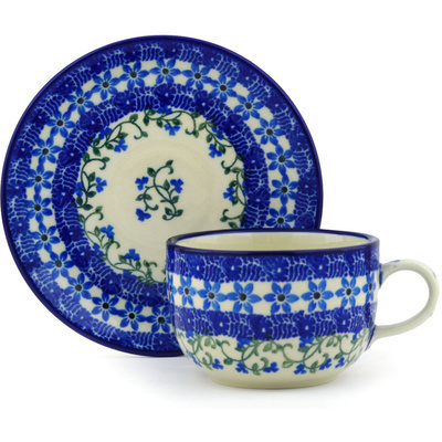 Polish Pottery Cup with Saucer 9 oz Dancing Vines