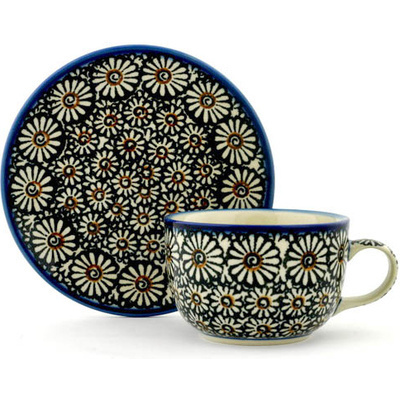 Polish Pottery Cup with Saucer 9 oz Dark Daisies