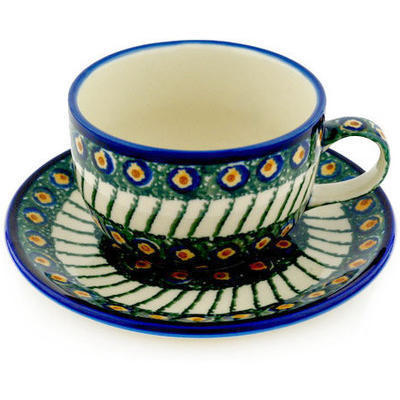 Polish Pottery Cup with Saucer 9 oz Emerald Peacock